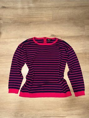 Spense Navy and Hot Pink Striped Long-Sleeve Crewneck Top